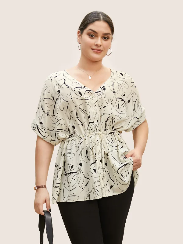 Geometric Print Drawstring Cuffed Sleeve Blouse