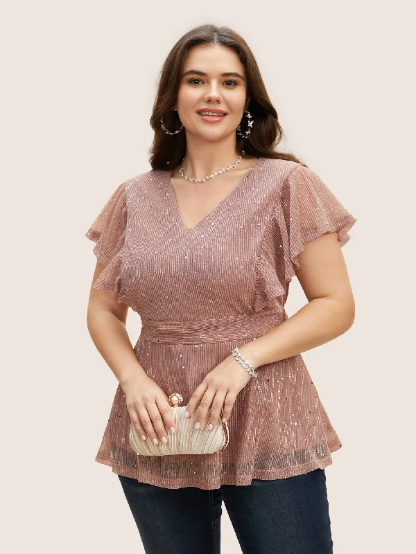 Glitter Mesh V Neck Ruffle Cap Sleeve Blouse