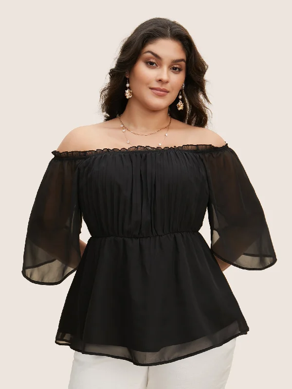 One Shoulder Neck Chiffon Ruffle Sleeve Blouse