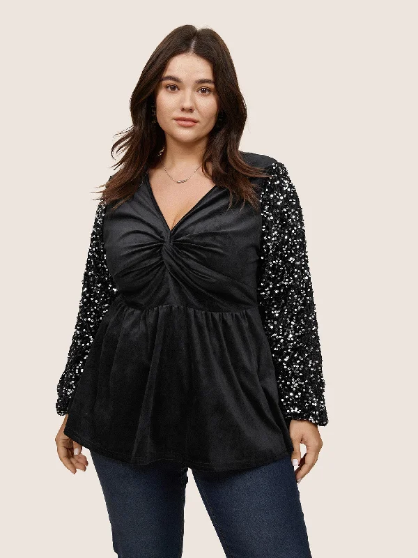 Patchwork Velvet Twist Front Elastic Waist Sequin Blouse