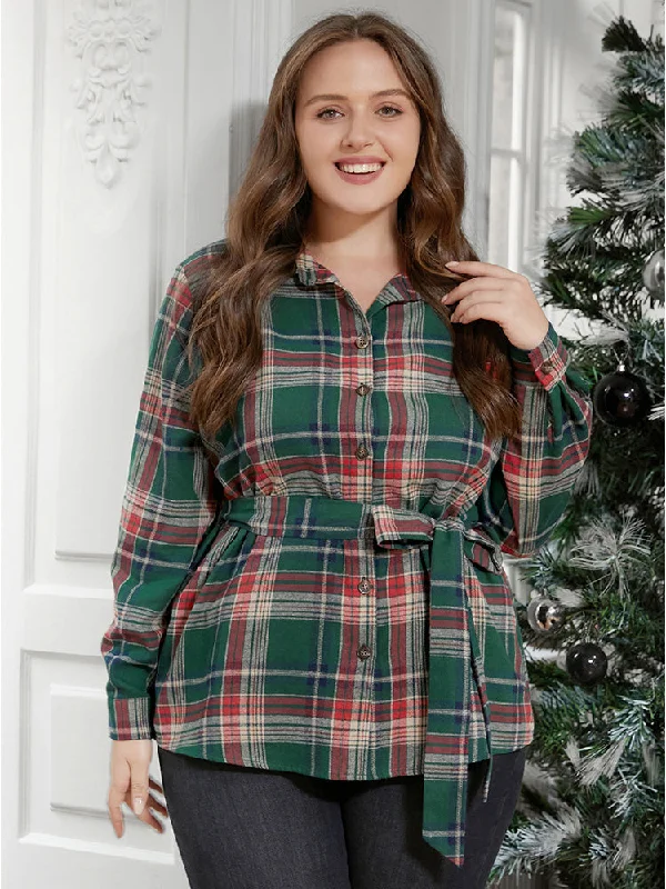 Plaid Button Up Belted Blouse