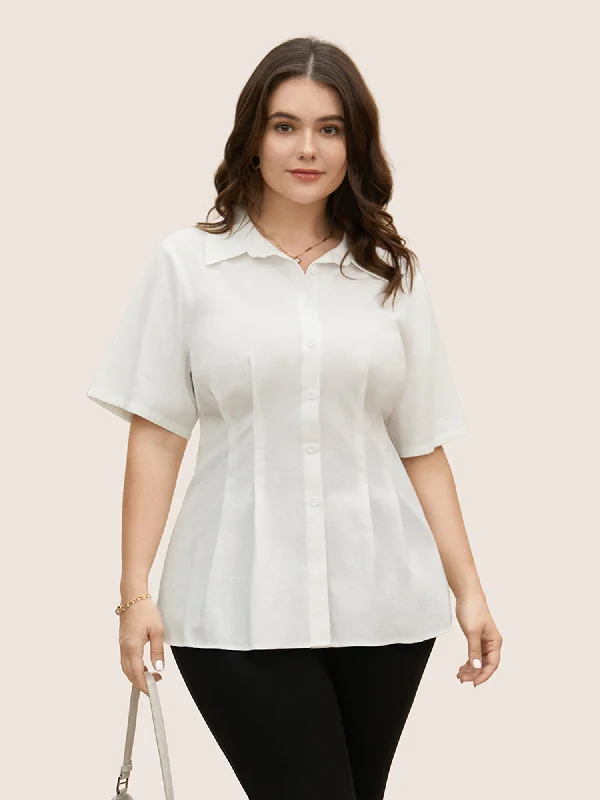 Plain Shirt Collar Waist Design Blouse