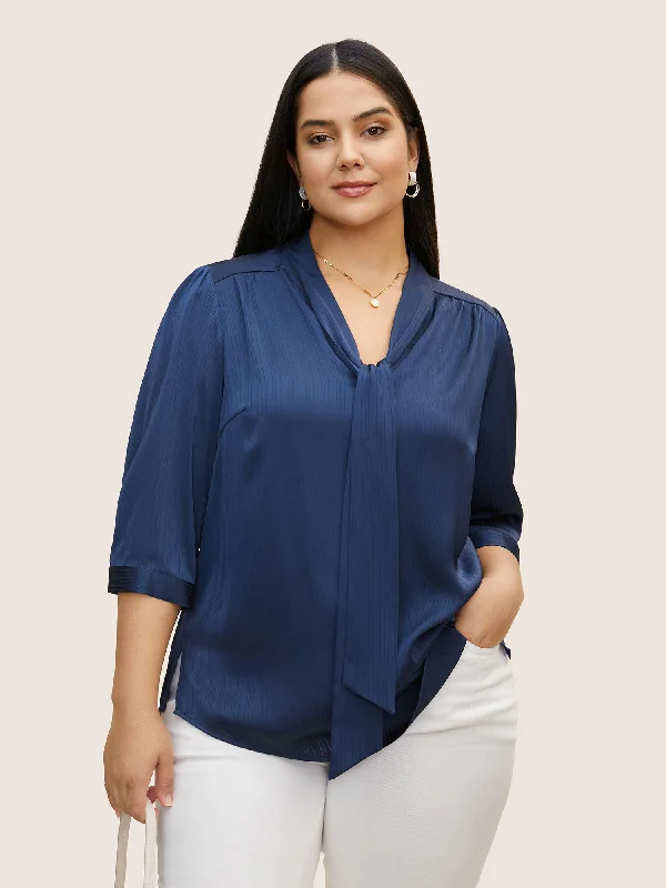 Ribbon Tied Collar Gathered Split Hem Blouse