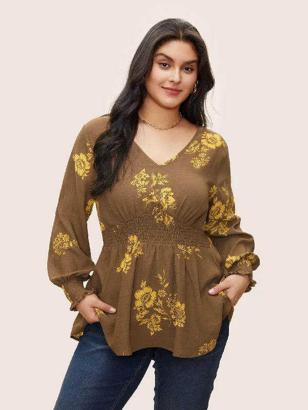 Shirred Floral Elastic Waist Lantern Sleeve Blouse