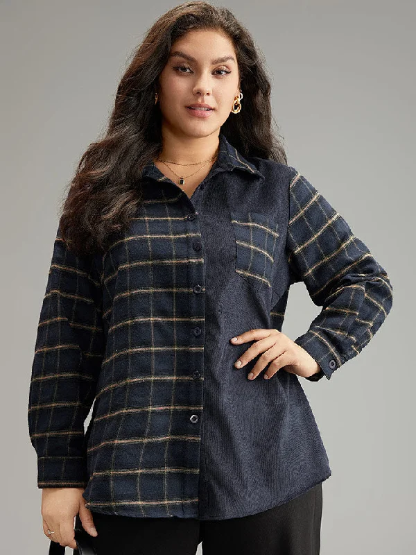 Shirt Collar Plaid Patchwork Pocket Blouse