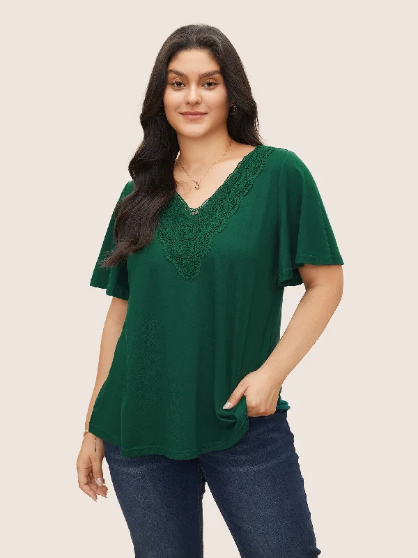 Solid Ruffle Sleeve Lace V Neck T-shirt