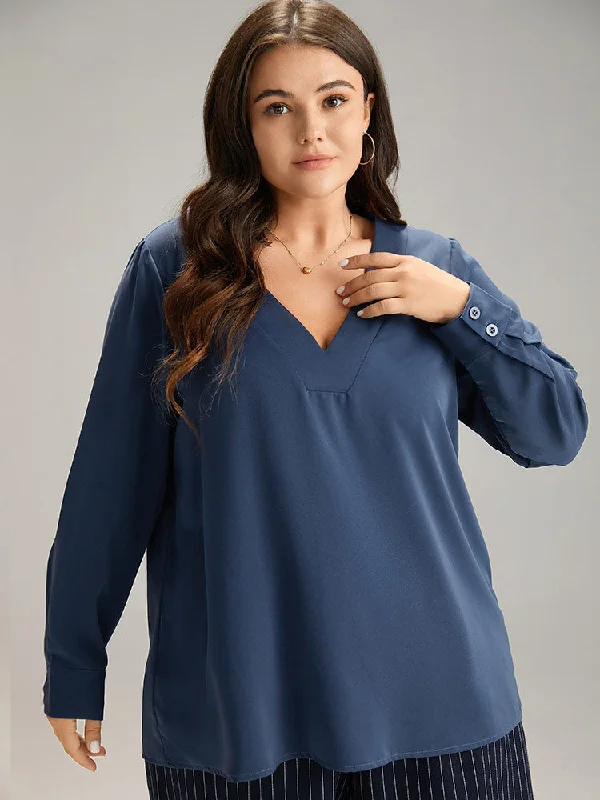 Solid V Neck Button Up Pleated Blouse