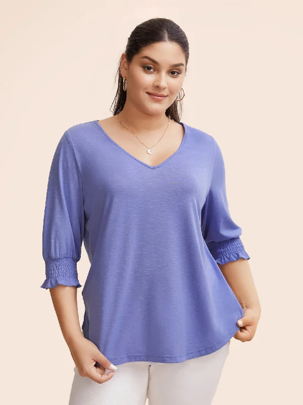 Solid V Neck Shirred Lantern Sleeve T-shirt