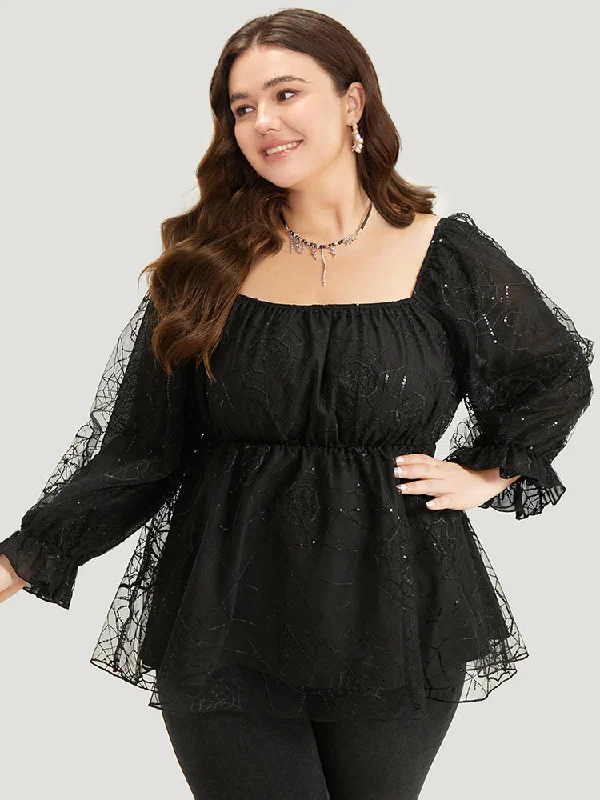 Halloween Square Neck Spider Web Crochet Lace Mesh Blouse