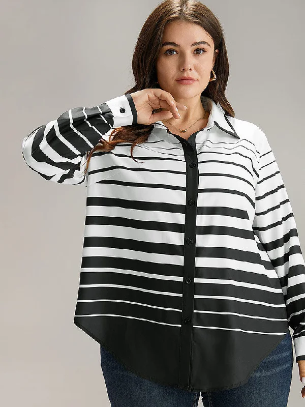 Striped Button Through Curved Hem Blouse