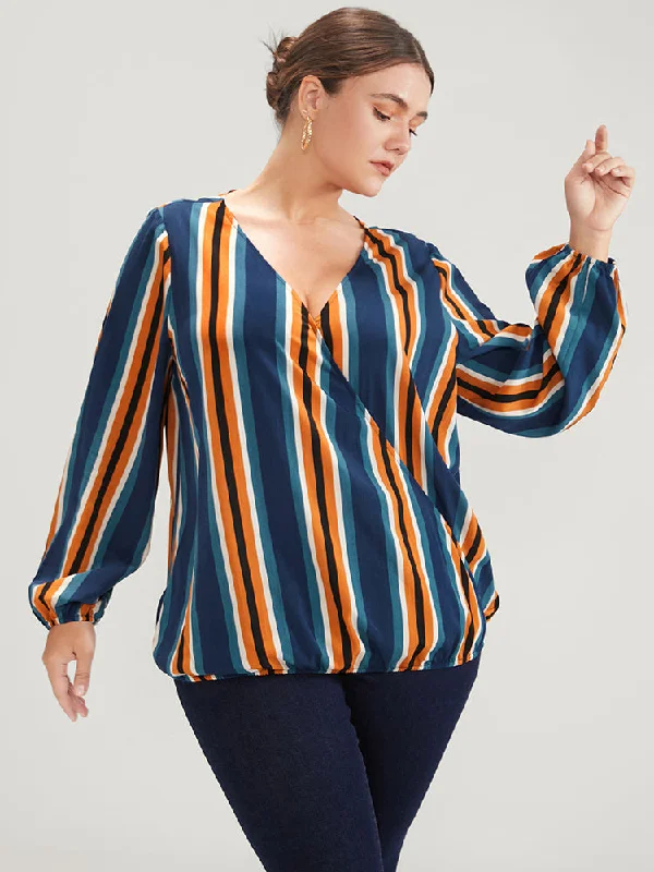 Striped Lantern Sleeve Wrap Blouse