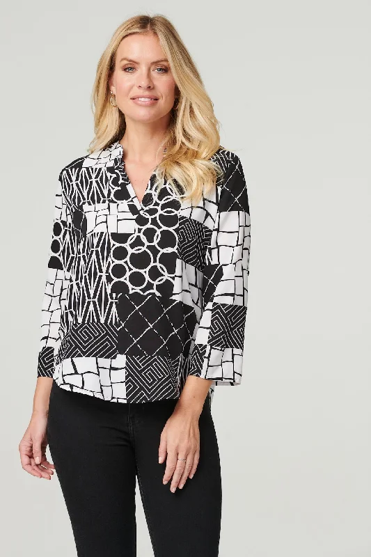 Patchwork Print Collarless Blouse