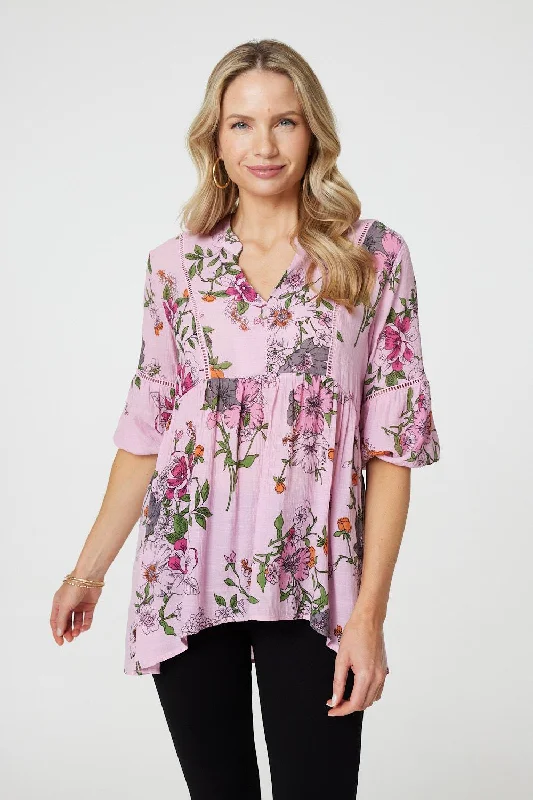 Floral 3/4 Sleeve Curve Hem Blouse