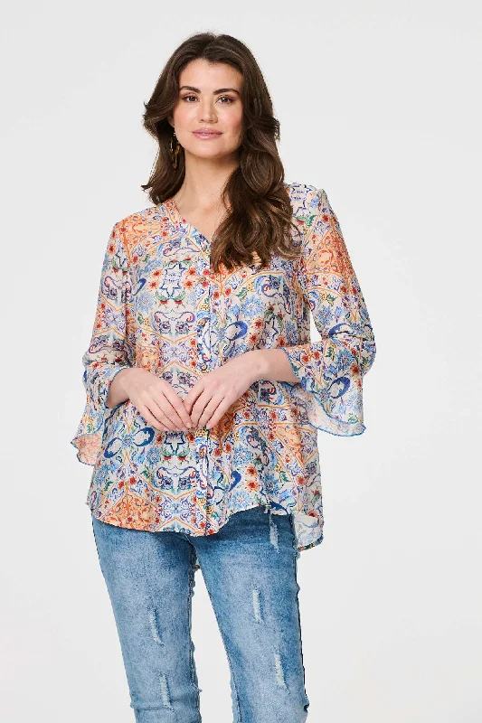 Printed 3/4 Flute Sleeve Blouse