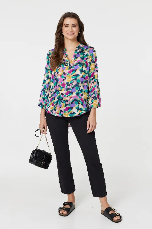 Printed Collarless 3/4 Sleeve Blouse