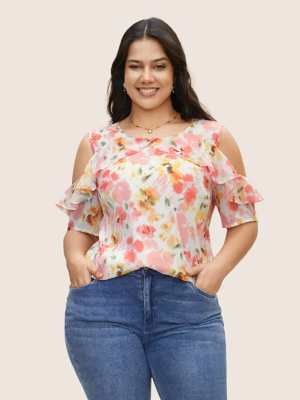 Watercolor Floral Cold Shoulder Ruffles Blouse