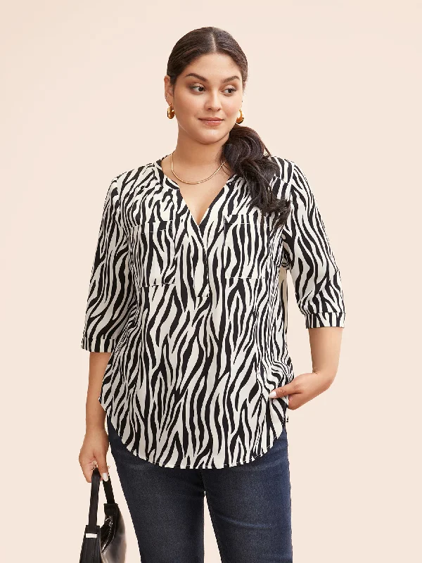 Zebra Print Notched Patched Pocket Blouse