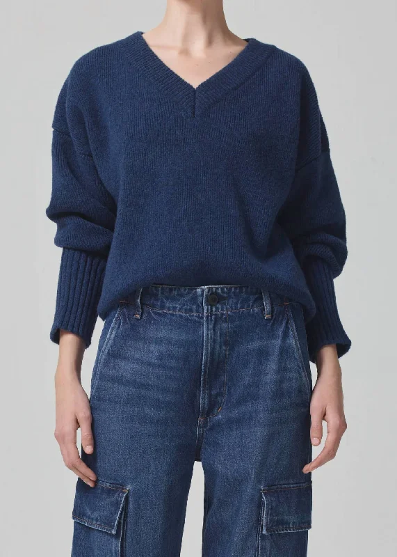 Ana V-Neck Sweater In Indigo