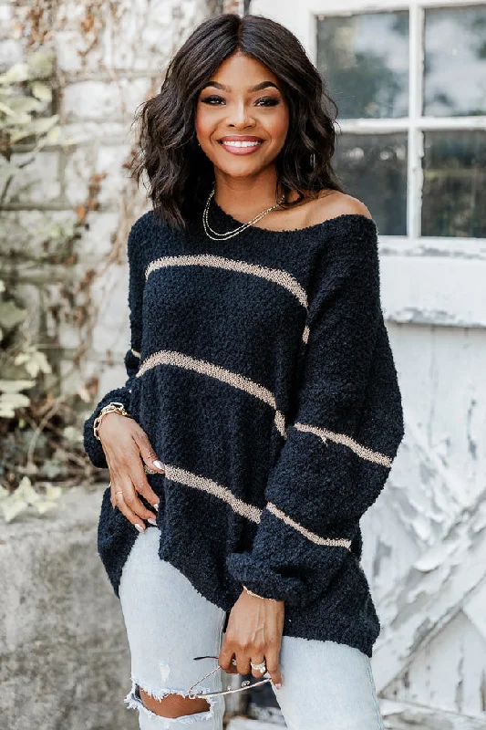 All Day Long Black And Gold Fuzzy Metallic Stripe Sweater