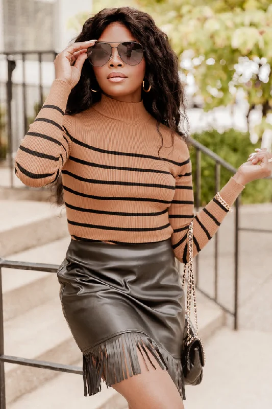 Make Today Great Brown And Black Ribbed Striped Mock Neck Top