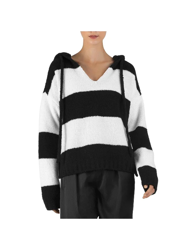 Chenille  Womens Striped Hoodie V-Neck Sweater