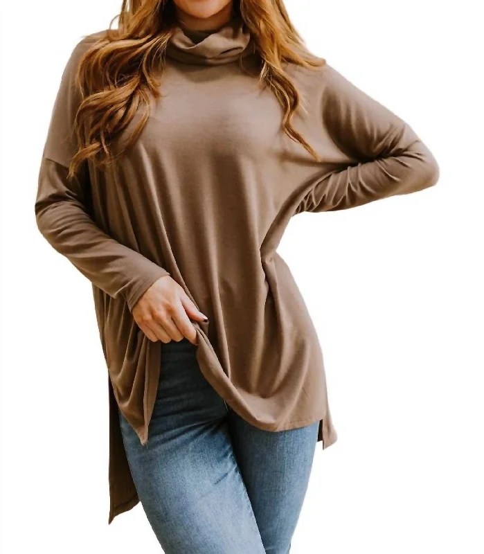 Comfort First Cowl Neck Hi-Low Long Sleeve Top In Brown