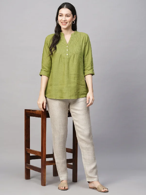 Women's Green Linen Regular Fit Blouse