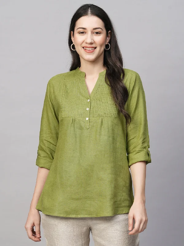 Women's Green Linen Regular Fit Blouse