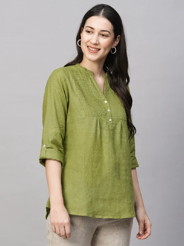 Women's Green Linen Regular Fit Blouse