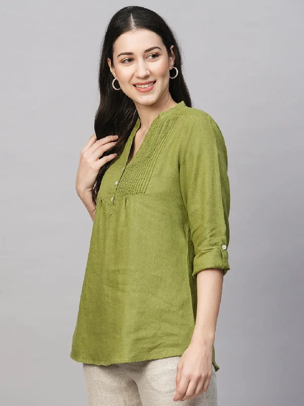 Women's Green Linen Regular Fit Blouse