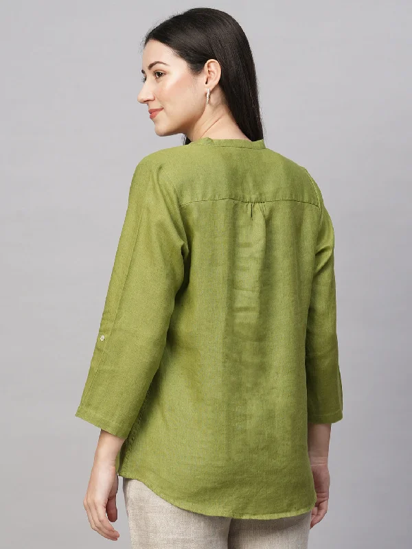 Women's Green Linen Regular Fit Blouse