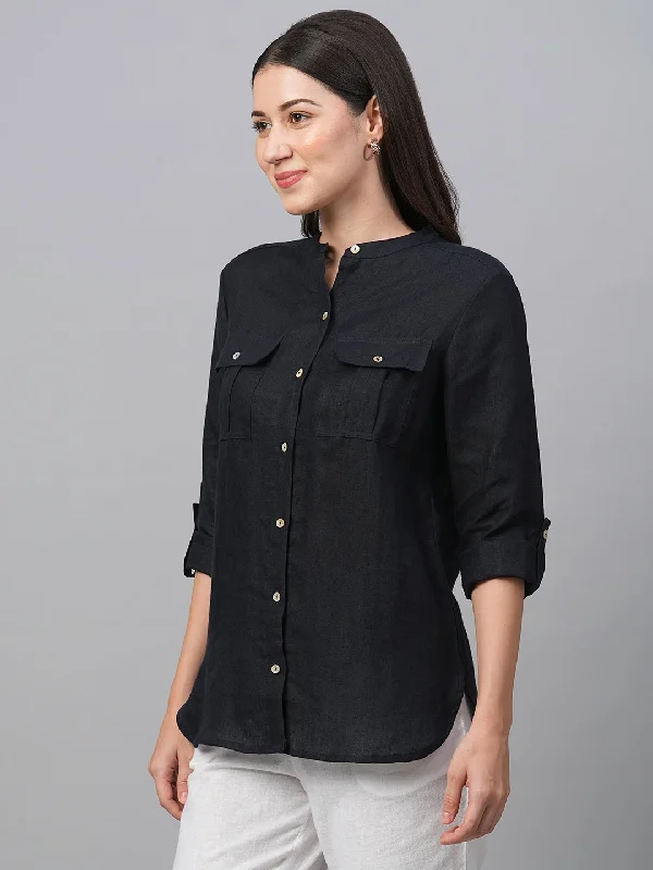 Women's Dark Blue Linen Regular Fit Blouse