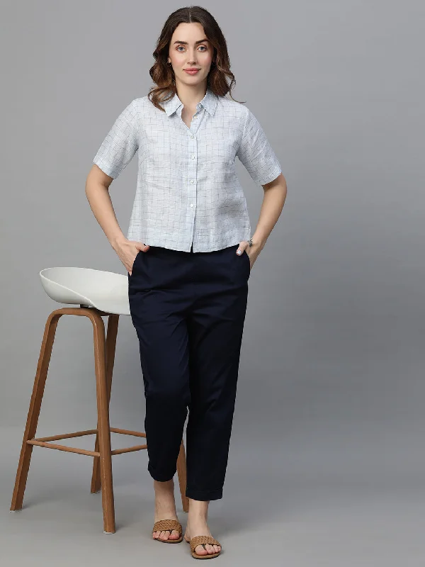 Women's Blue Linen Regular Fit Blouse