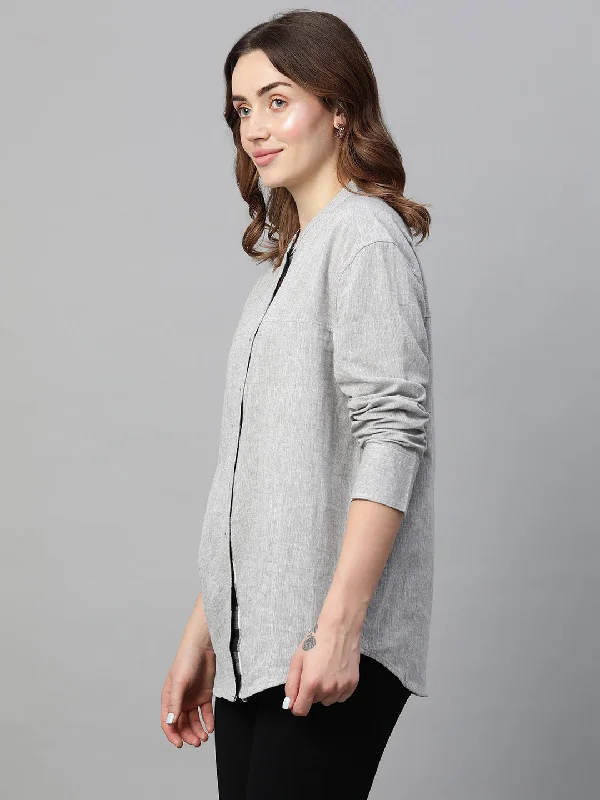 Women's Grey Cotton Linen Regular Fit Blouse