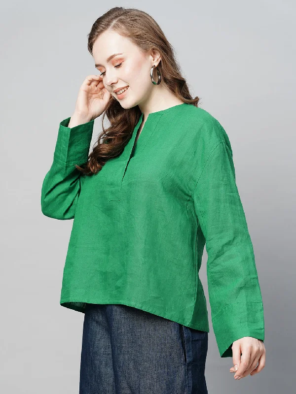 Women's Green Linen Regular Fit Blouse