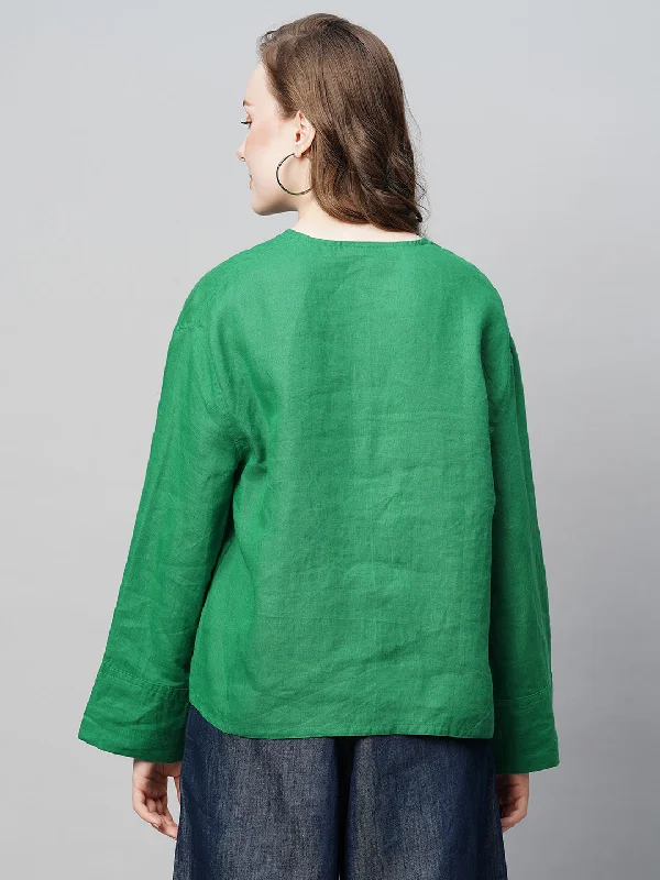 Women's Green Linen Regular Fit Blouse