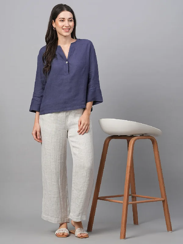 Women's Navy Linen Regular Fit Blouse