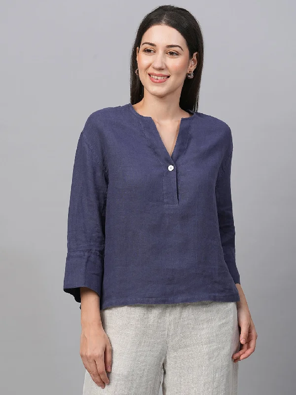 Women's Navy Linen Regular Fit Blouse