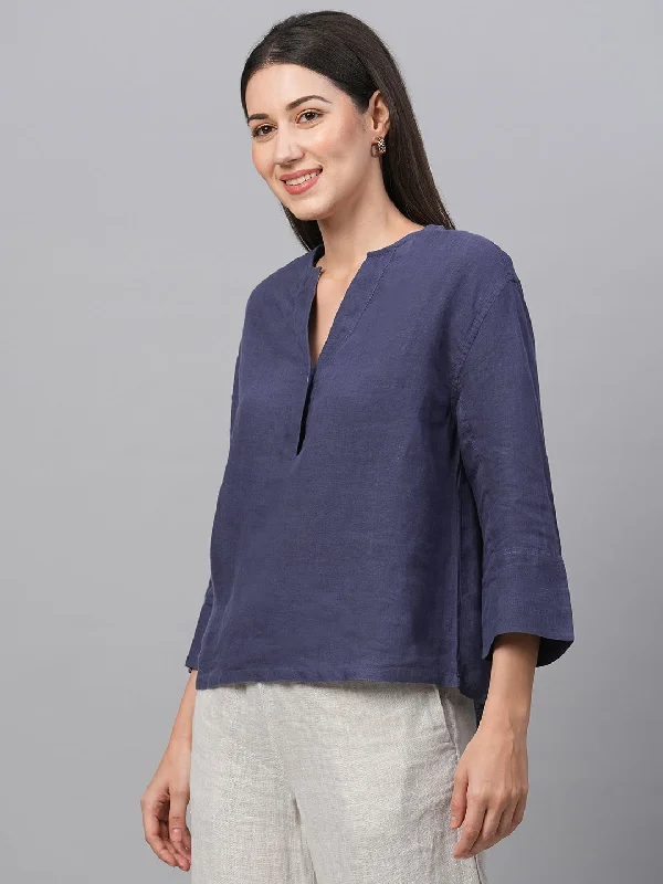 Women's Navy Linen Regular Fit Blouse