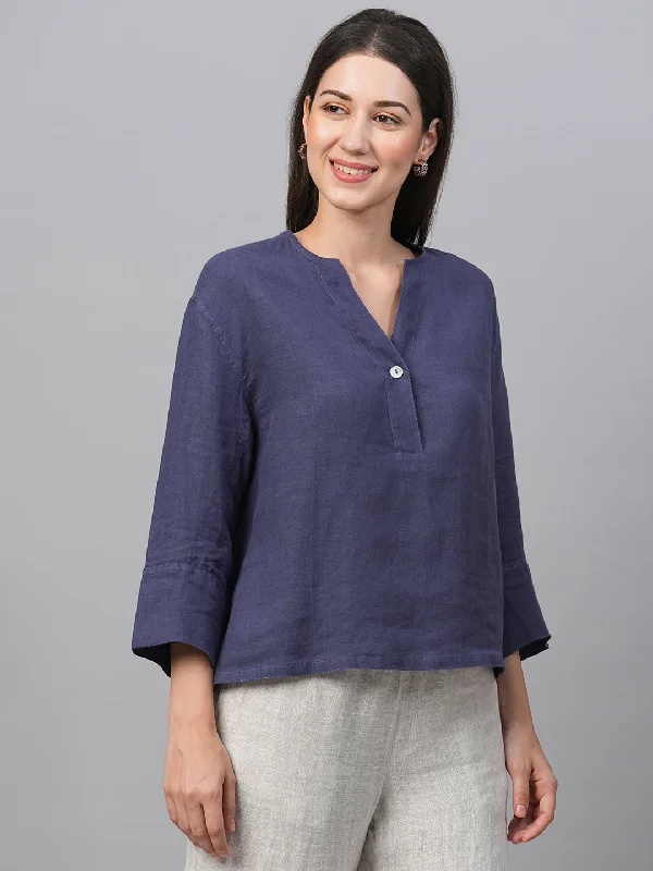 Women's Navy Linen Regular Fit Blouse