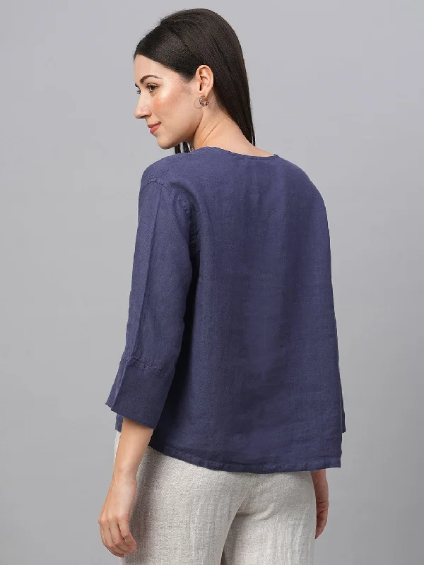 Women's Navy Linen Regular Fit Blouse