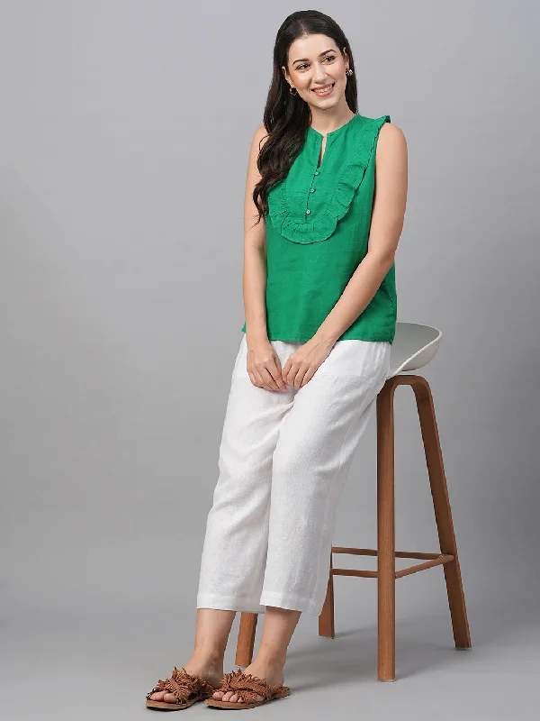 Women's Green 100% Linen Regular Fit Blouse