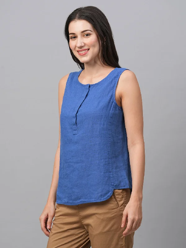 Women's Royalblue Linen Regular Fit Blouse