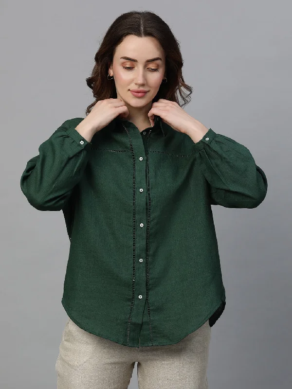 Women's Darkgreen Linen Regular Fit Blouse