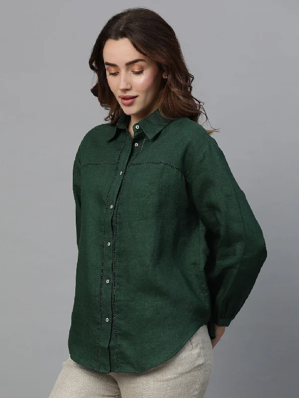 Women's Darkgreen Linen Regular Fit Blouse