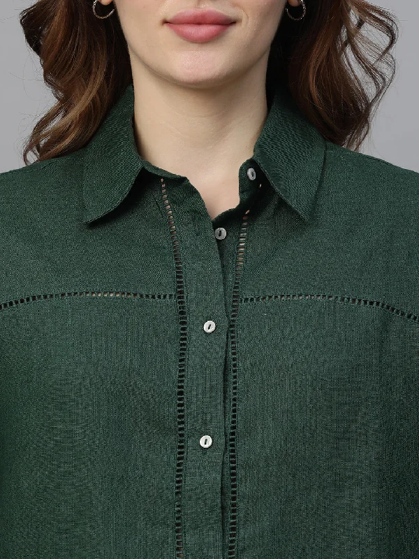 Women's Darkgreen Linen Regular Fit Blouse