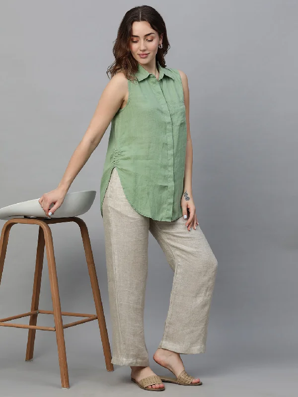 Women's Green Linen Regular Fit Blouse