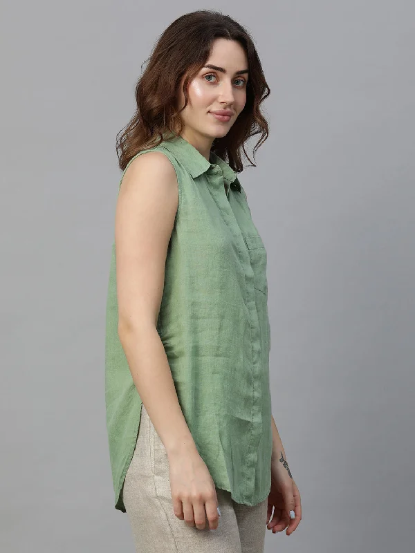 Women's Green Linen Regular Fit Blouse