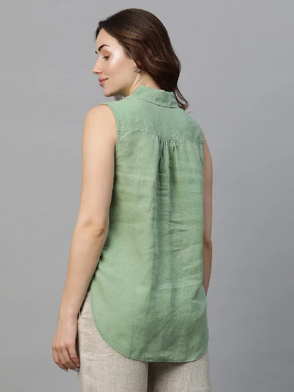 Women's Green Linen Regular Fit Blouse