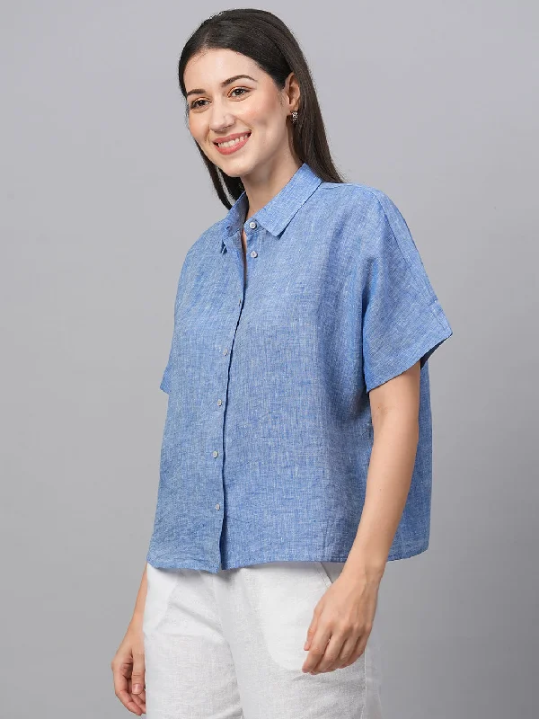 Women's Chambray Blue Linen Boxy Fit Blouse